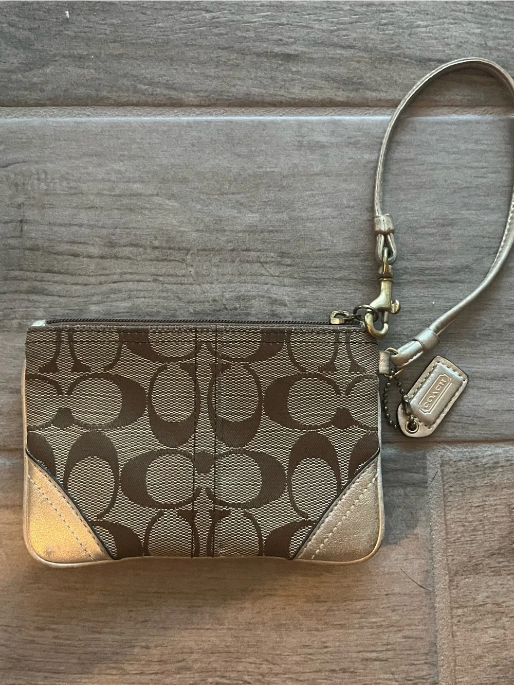 Coach Brown Signature Canvas Wristlet with Metallic Gold Trim